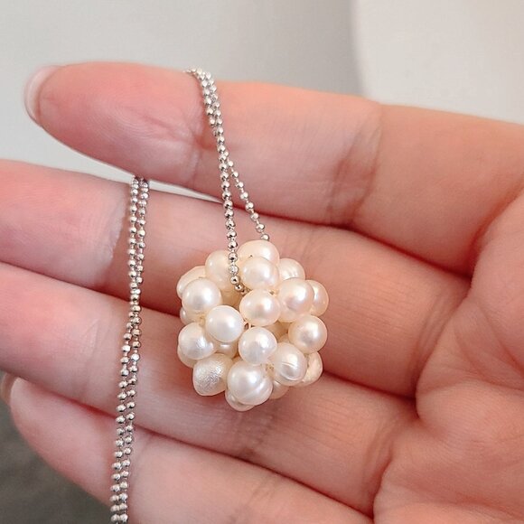 Genuine Pearl Cluster Pendant Necklace Sterling Silver - Picture 2 of 13
